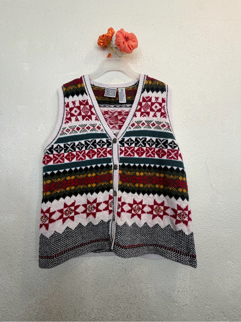 Vintage 90s Original Russ Sport Co Fair Isle Beaded Sweater Vest Sz L